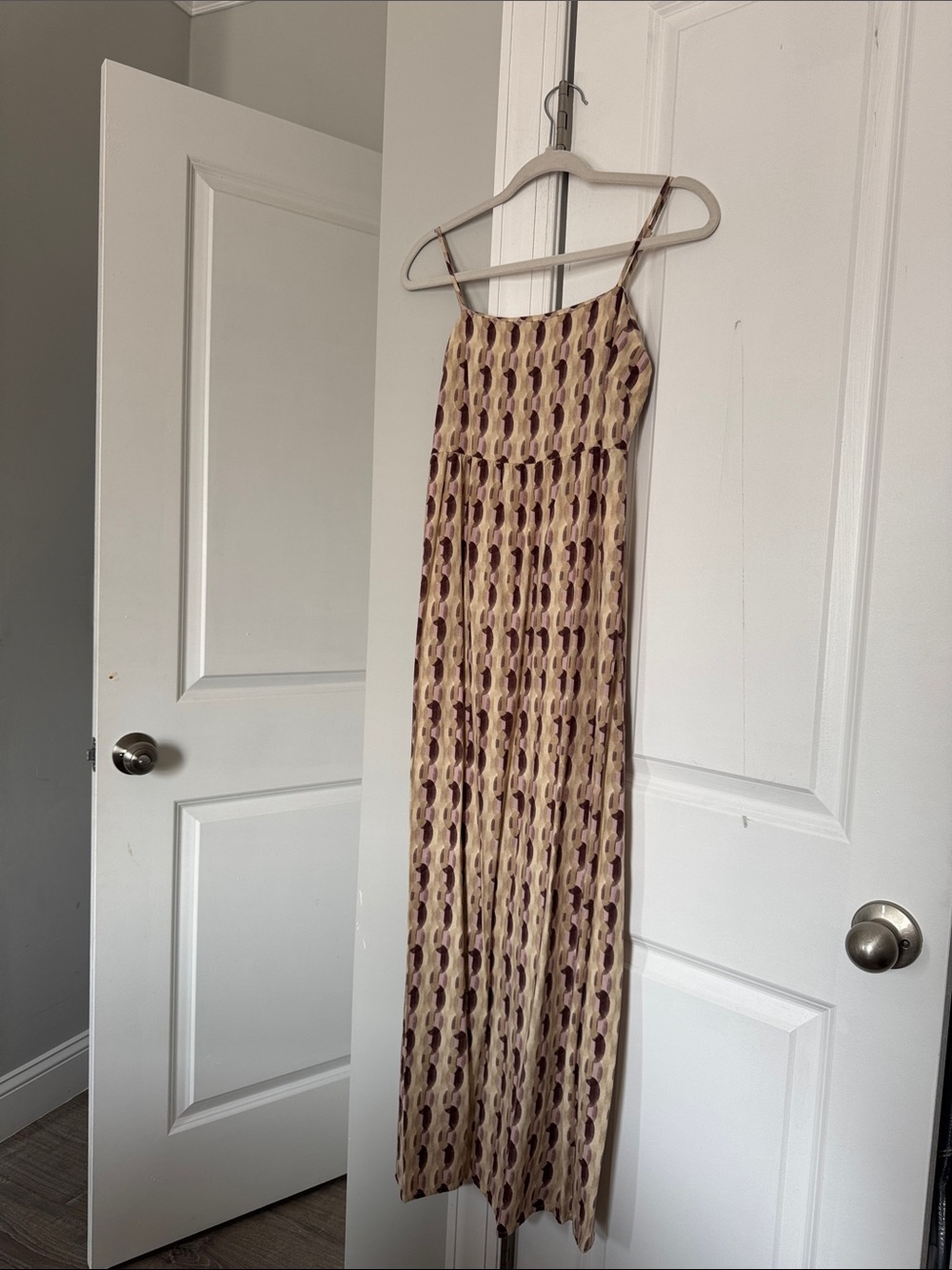 Spaghetti Strap Maxi Dress in Beige and Burgundy